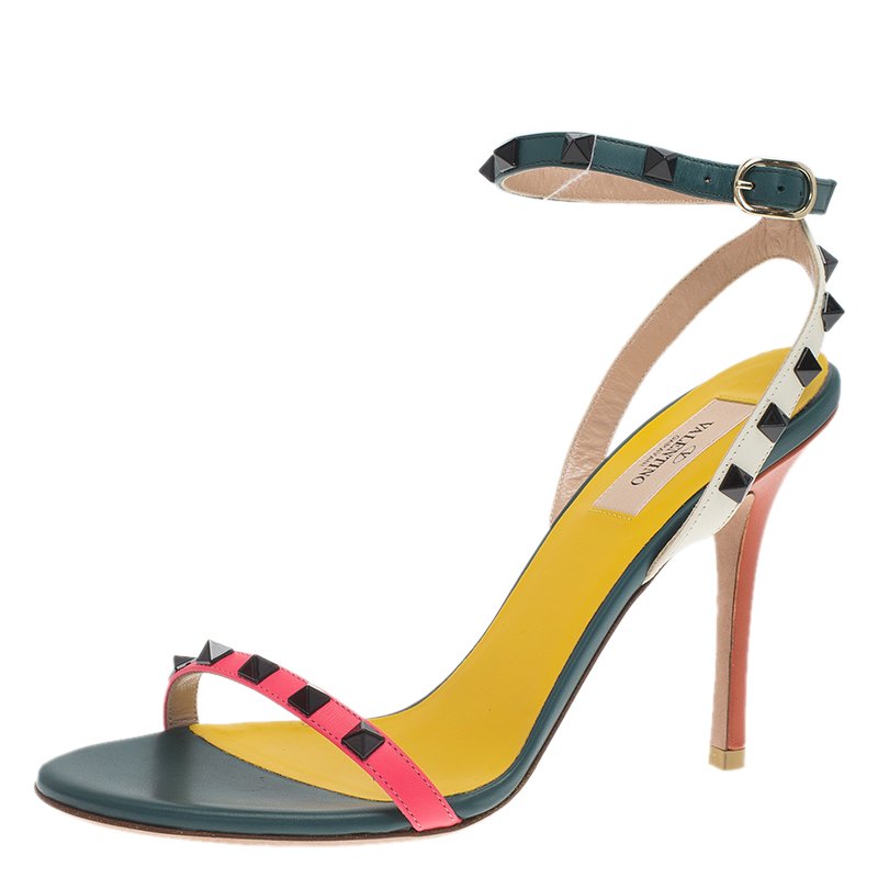 Pre Owned Valentino Tri Color Leather Rockstud Ankle Strap Sandals Size 39