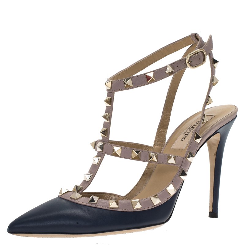 Pre Owned Valentino Blue and Beige Leather Rockstud Sandals Size 38