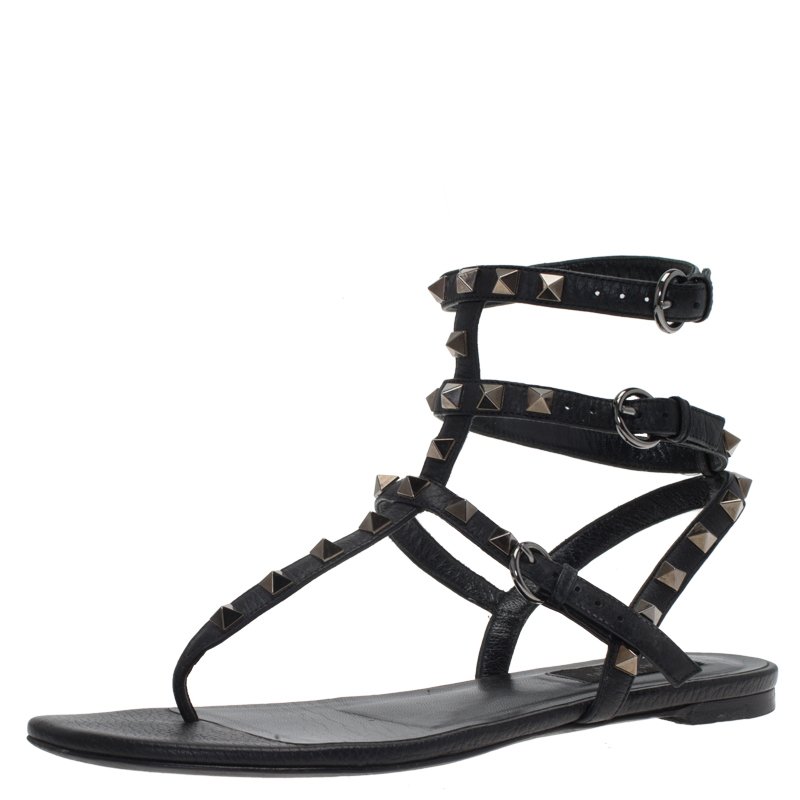 Pre Owned Valentino Black Leather Rockstud Thong Gladiator Sandals Size 37.5