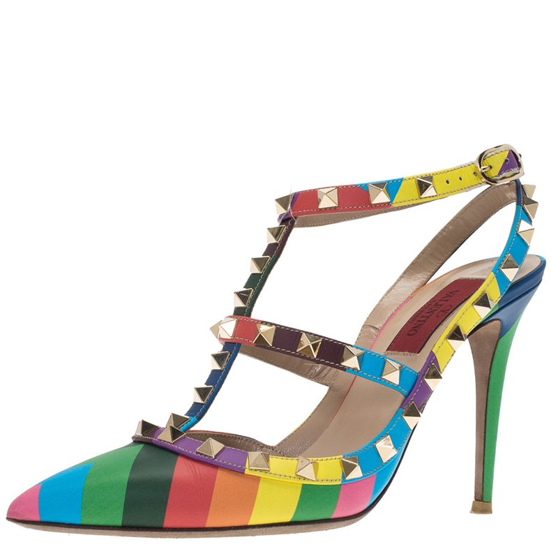 Pre Owned Valentino Multicolor Striped Limited Edition Rockstud Sandals Size 37
