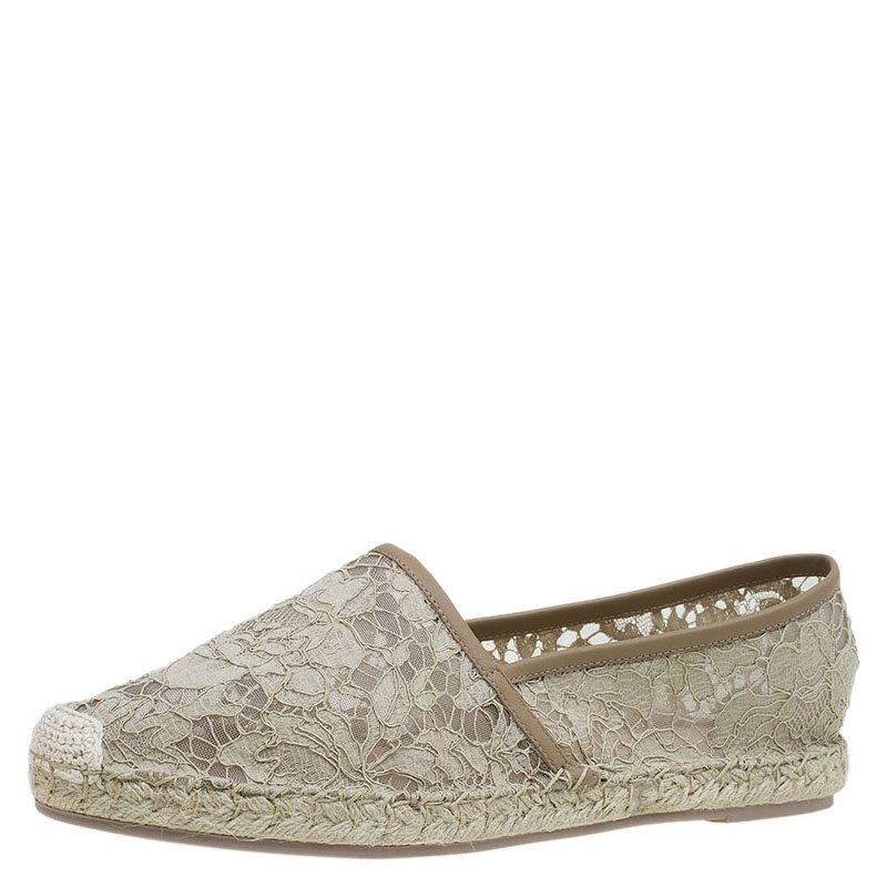 Pre Owned Valentino Beige Lace and Leather Espadrilles Size 40