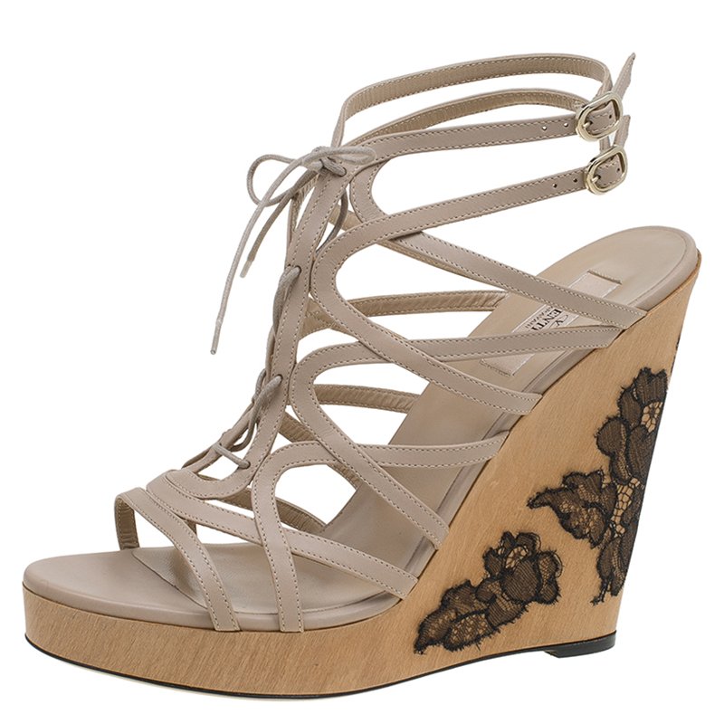 Pre Owned Valentino Beige Leather Lace Up Lace Embellished Wedge Sandals Size 41