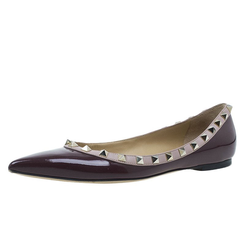 Pre Owned Valentino Maroon Patent Rockstud Ballet Flats Size 38.5