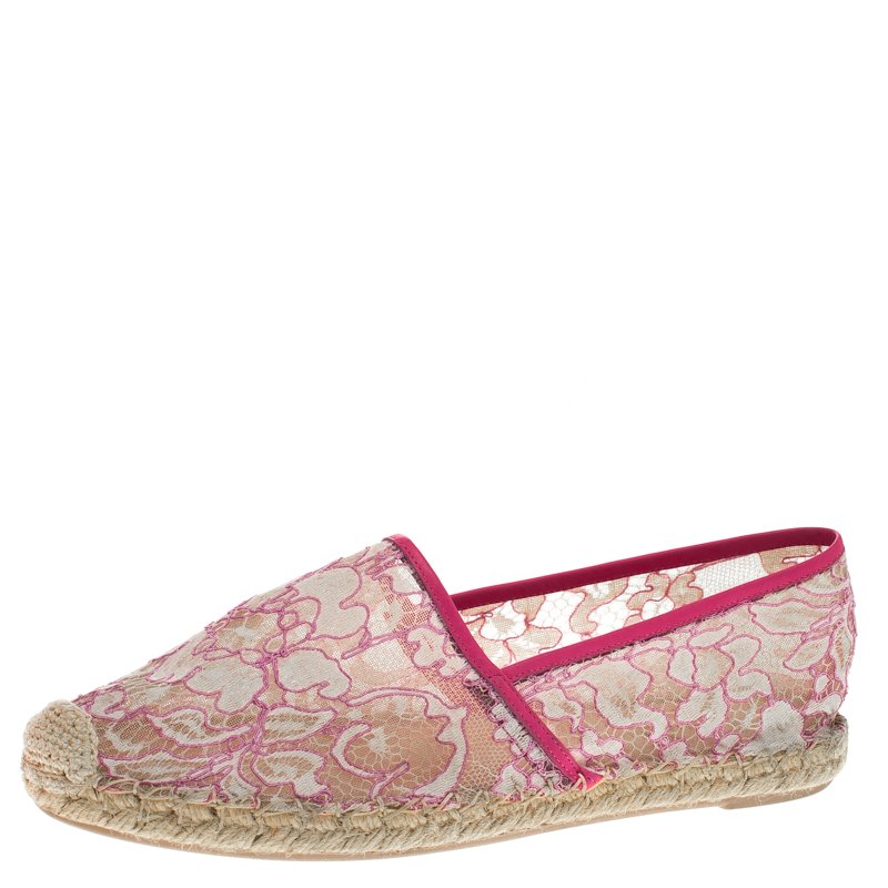 Pre Owned Valentino Pink Lace and Leather Espadrilles Size 40