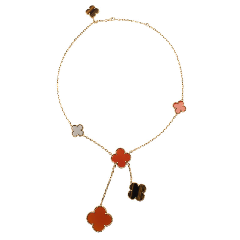 Van Cleef & Arpels Magic Alhambra Tiger Eye Red Carnelian Yellow Gold Necklace