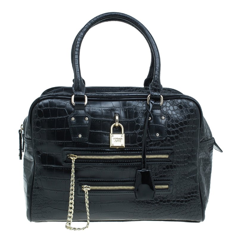 Versace Jeans Black Croc Embossed Leather Bowling Bag