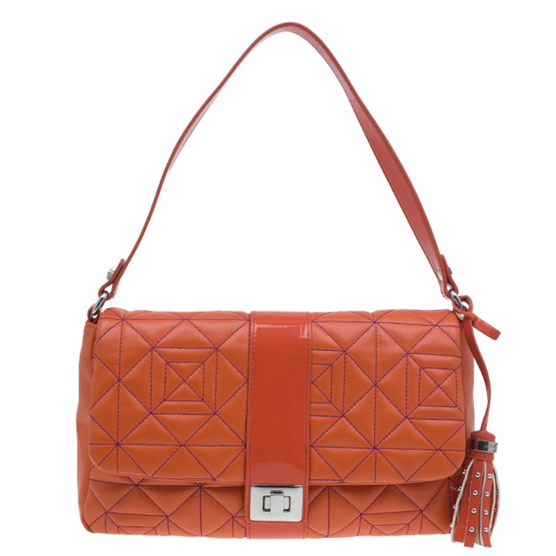 Pre Owned Versace Jeans Orange Leather Tassel Trapuntata Shoulder Bag