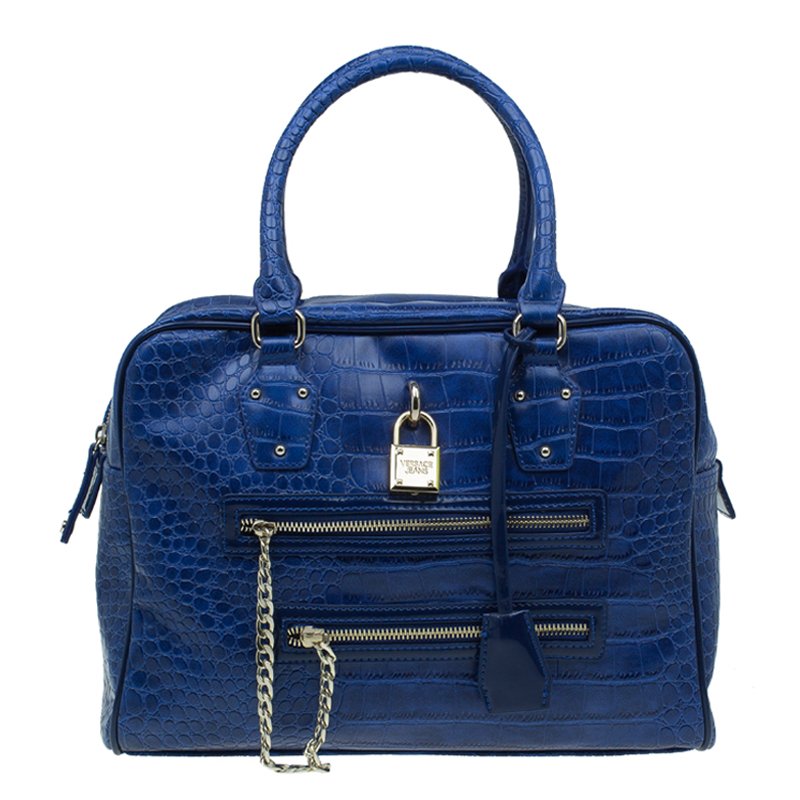 Pre Owned Versace Jeans Blue Croc Embossed Leather Bowling Bag