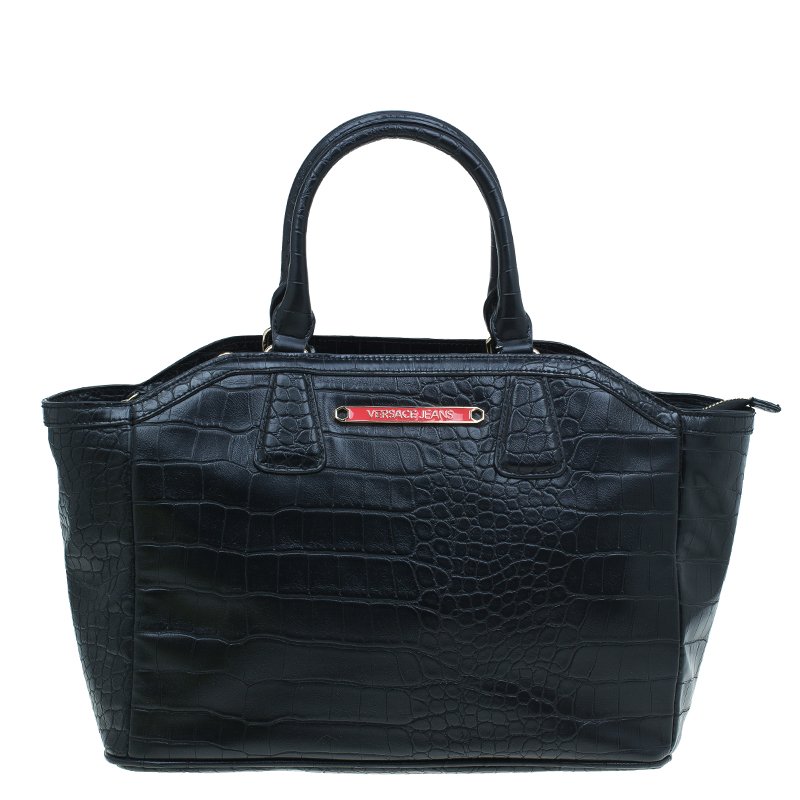 Versace Jeans Black Croc Embossed Leather Tote