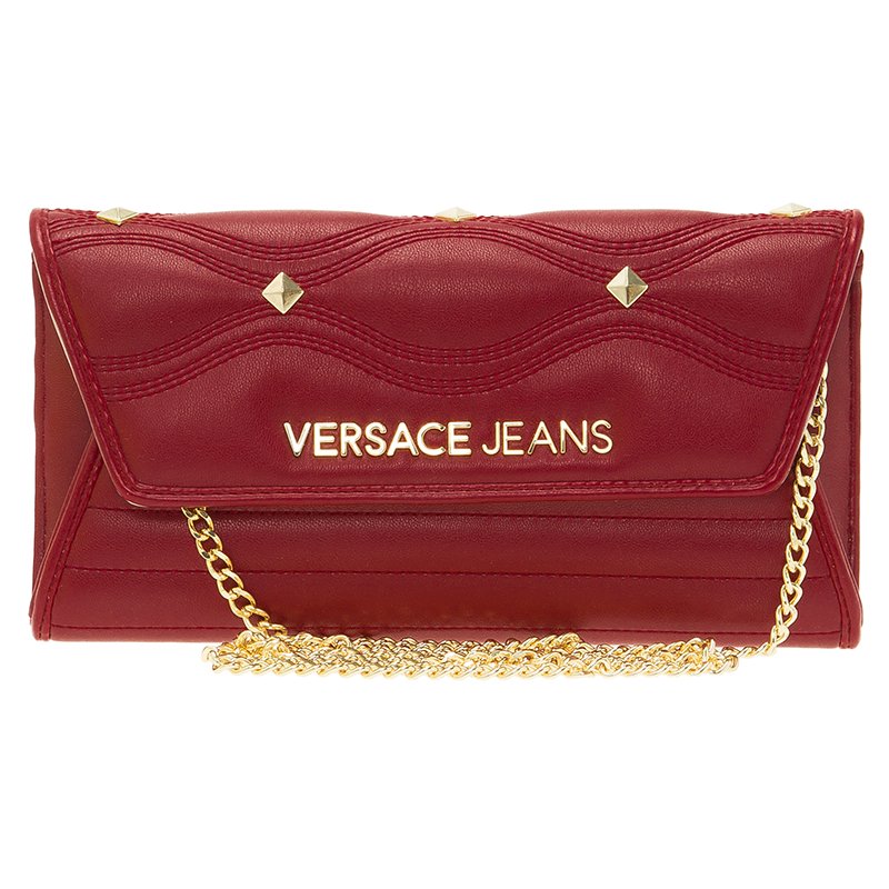 Versace Jeans Red Leather Diamond Stud Fold Over Wallet on Chain Bag