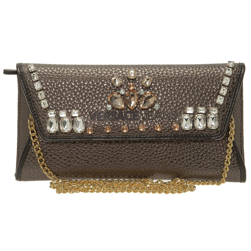 Versace Jeans Metallic Gray Pebbled Leather Embellish Crystal Wallet on Chain Bag