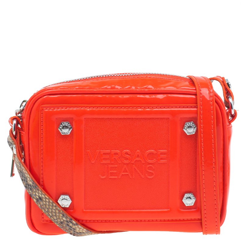 Pre Owned Versace Jeans Orange Patent Leather Small Crossbody Bag