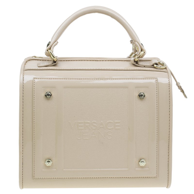 Versace Jeans Beige Patent Leather Medium Box Top Handle Bag