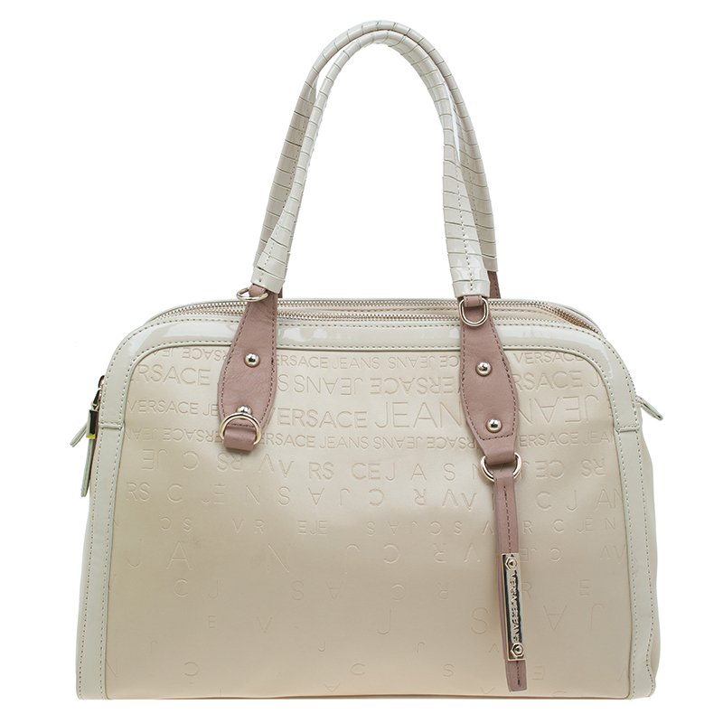 Pre Owned Versace Jeans Beige Embossed Leather Logo Tote