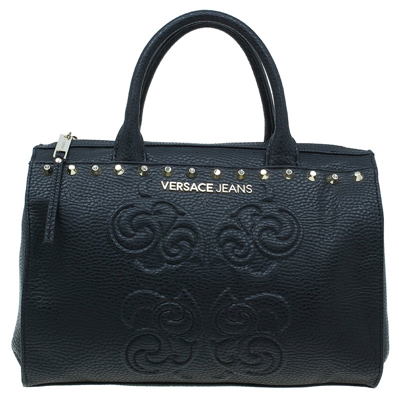 Pre Owned Versace Jeans Black Pebbled Leather Crystal Studs Bowling Bag