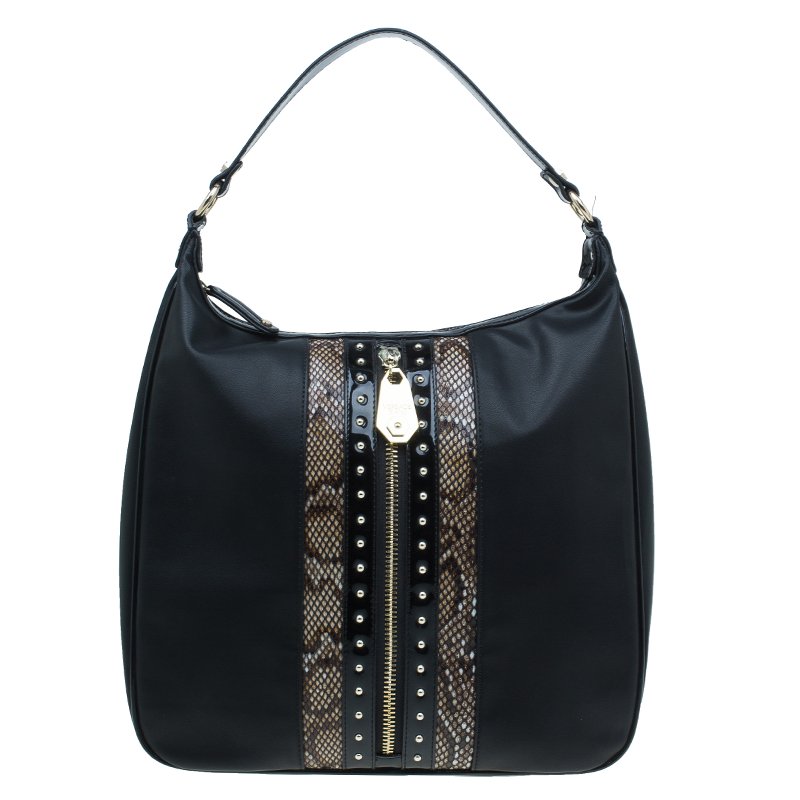 Versace Jeans Black Leather and Python Large Zip Studs Hobo