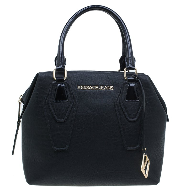 Pre Owned Versace Jeans Black Crinkled Leather Logo Charm Tote