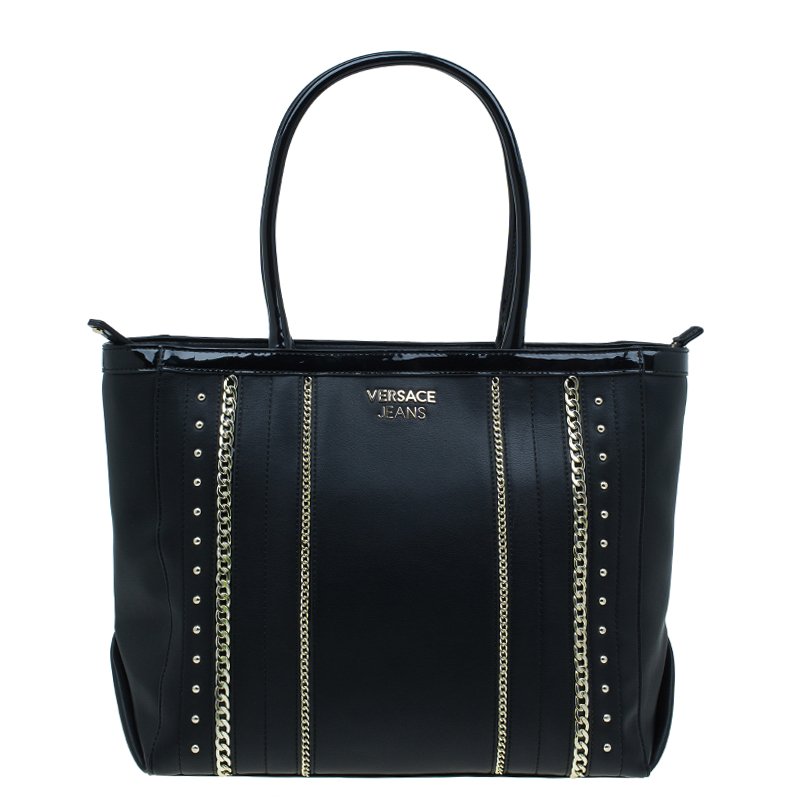 Pre Owned Versace Jeans Black Leather Large Chain Embellished Shopping Tote