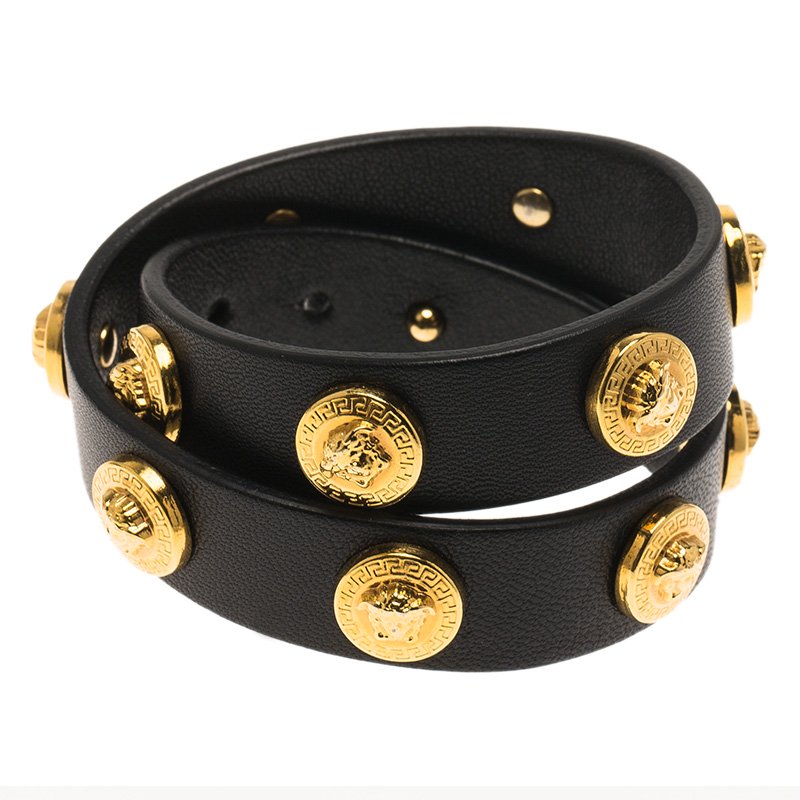 Versace Icon Medusa Stud Gold Tone Black Leather Wrap Bracelet Versace ...