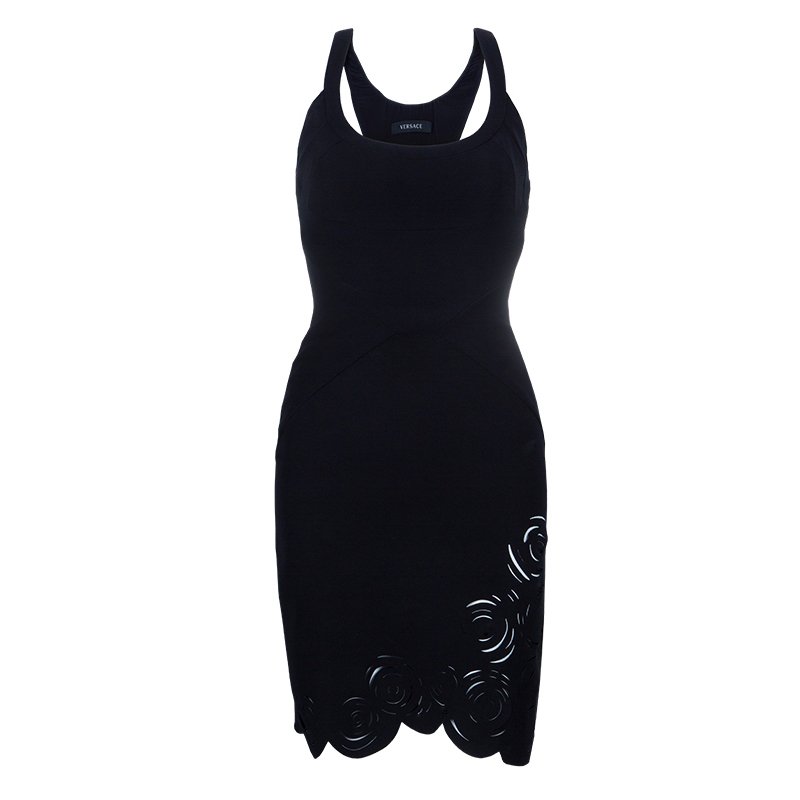 Pre Owned Versace Black Rose Detail Mini Dress S