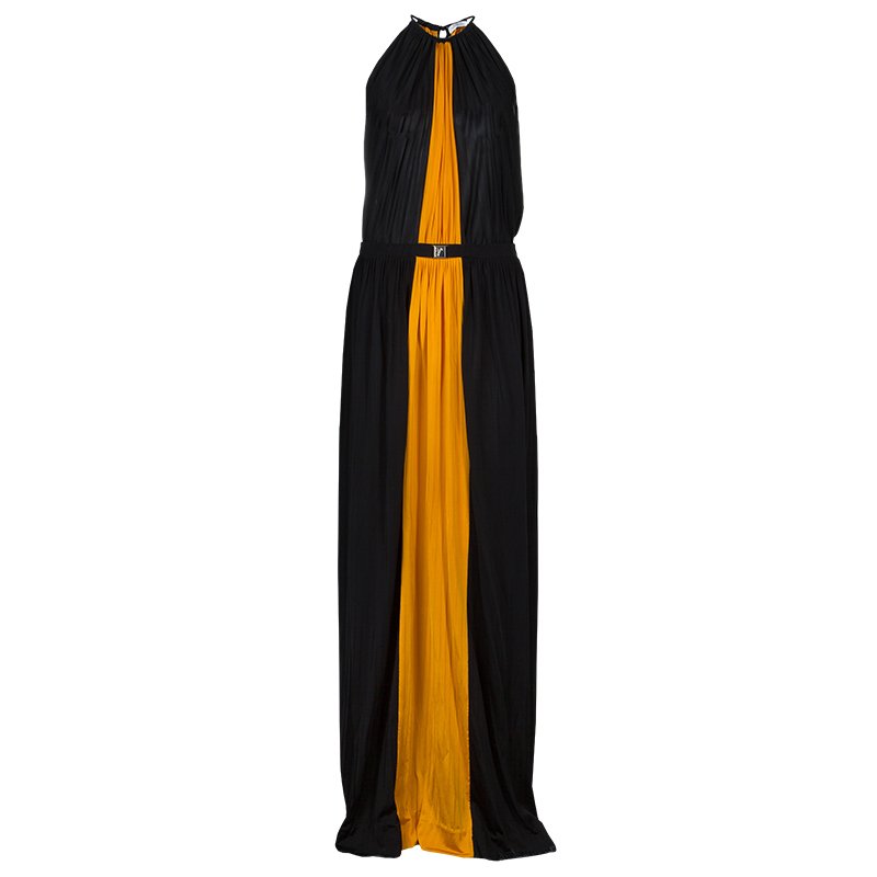 Pre Owned Versace Collection Colorblock Halterneck Belted Maxi Dress M