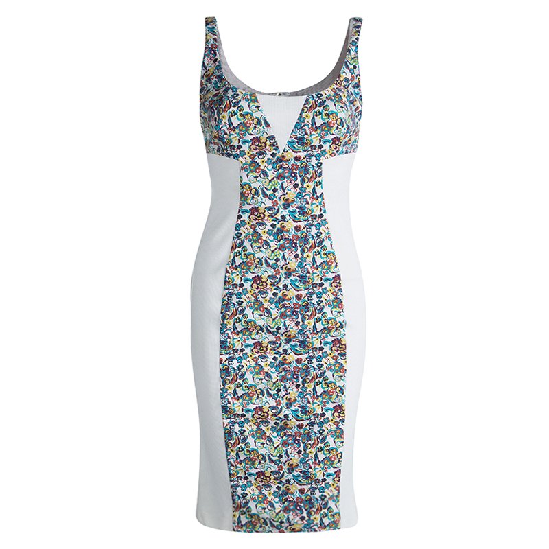 Pre Owned Versace White Floral Print Contrast Panel Detail Sleeveless Dress S