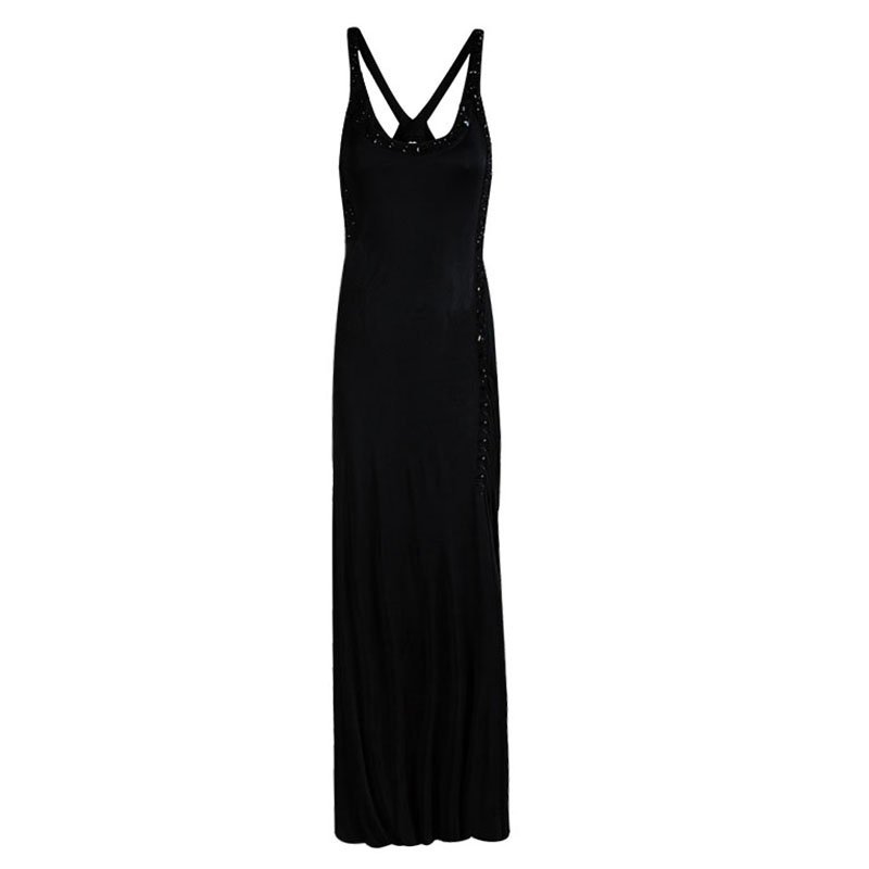 Pre Owned Versace Black Embellished Cut Out Back Detail Gown M