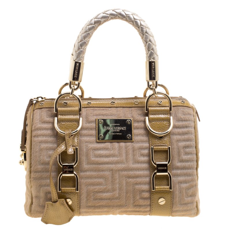 مملوكة مسبقًا Versace Beige Calf Hair and Leather Small Snap Out Of It Satchel