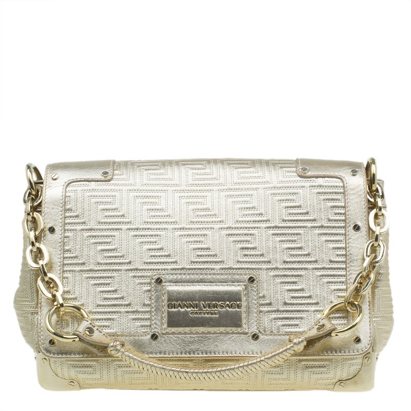 Versace Gold Embossed Leather Flap Shoulder Bag