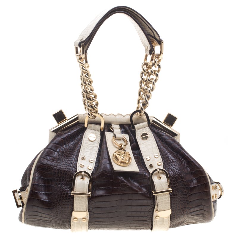 Versace Brown/Cream Croc Embossed Leather Madonna Boston Bag Versace ...