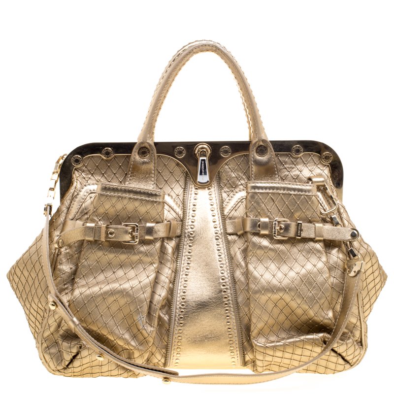 Pre Owned Versace Gold Leather Studded Frame Satchel 