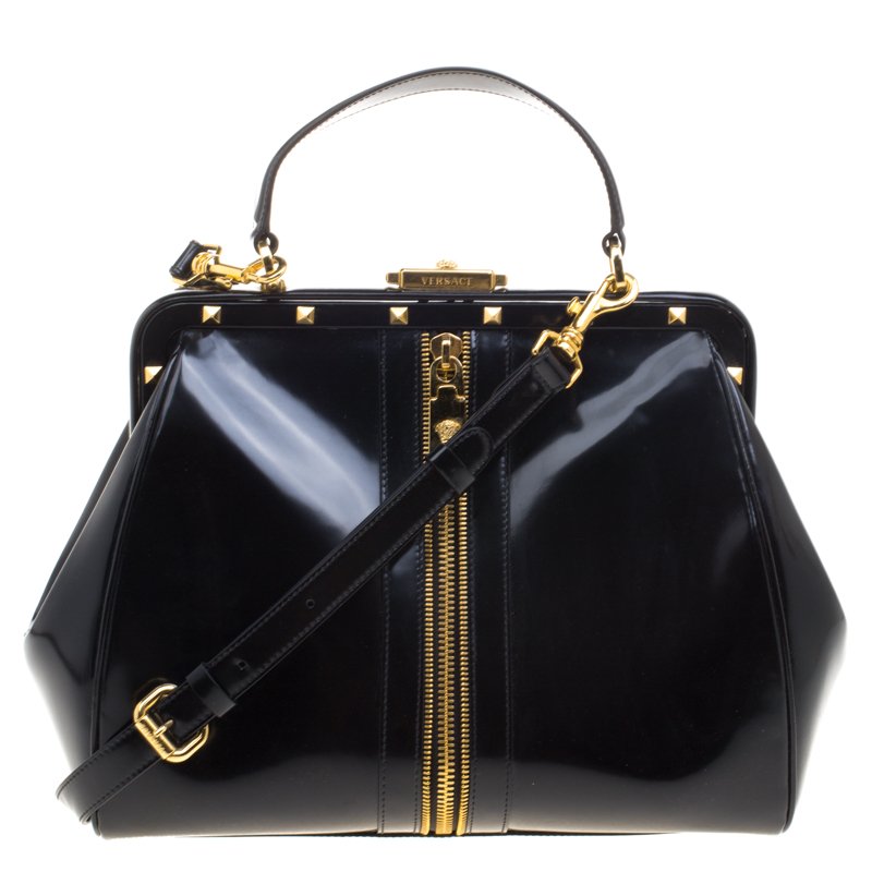 Pre Owned Versace Black Patent Leather Zip Detail Satchel