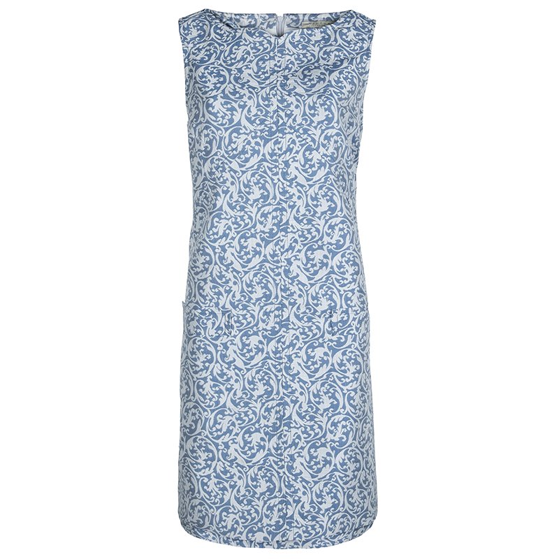 Pre Owned Victoria Victoria Beckham Blue and White Brocade Sleeveless Shift Dress L