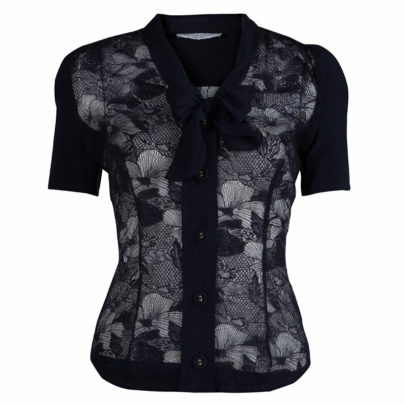 Viktor & Rolf Navy Blue Short Sleeve Sheer Lace Shirt S
