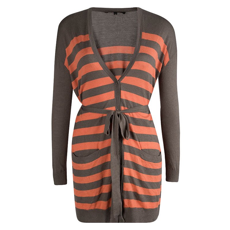 Weekend By Max Mara Brown and Orange Striped Belted Cardigan XS