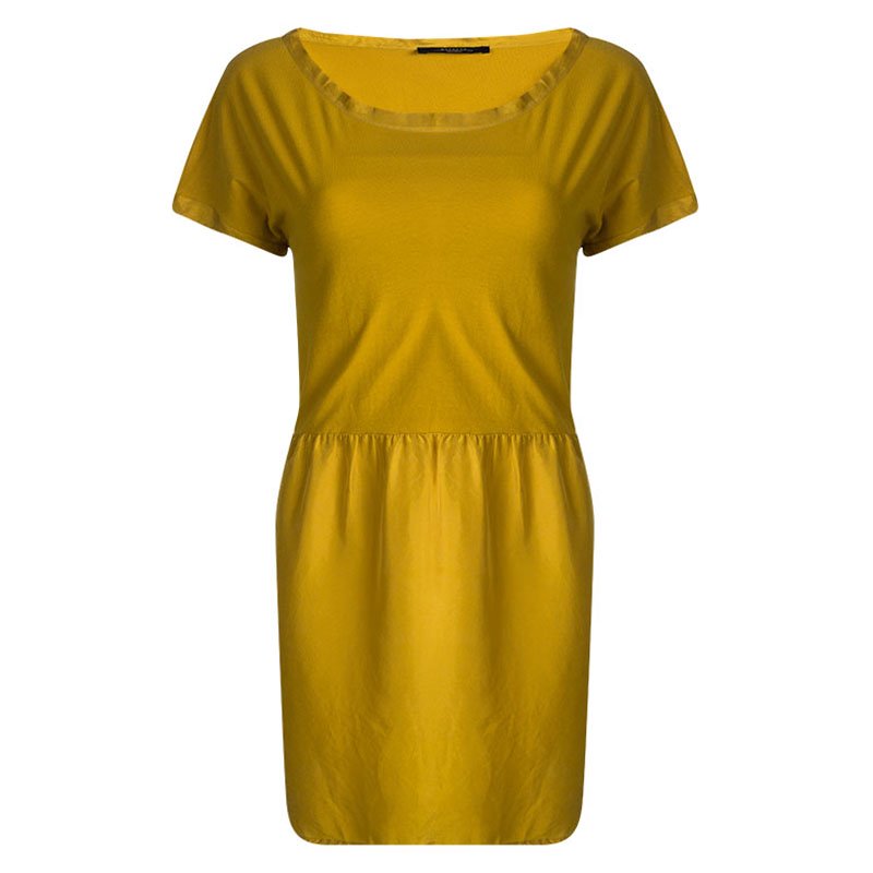 Pre Owned Weekend Max Mara Yellow Gathered Waist Short Sleeve Dress L