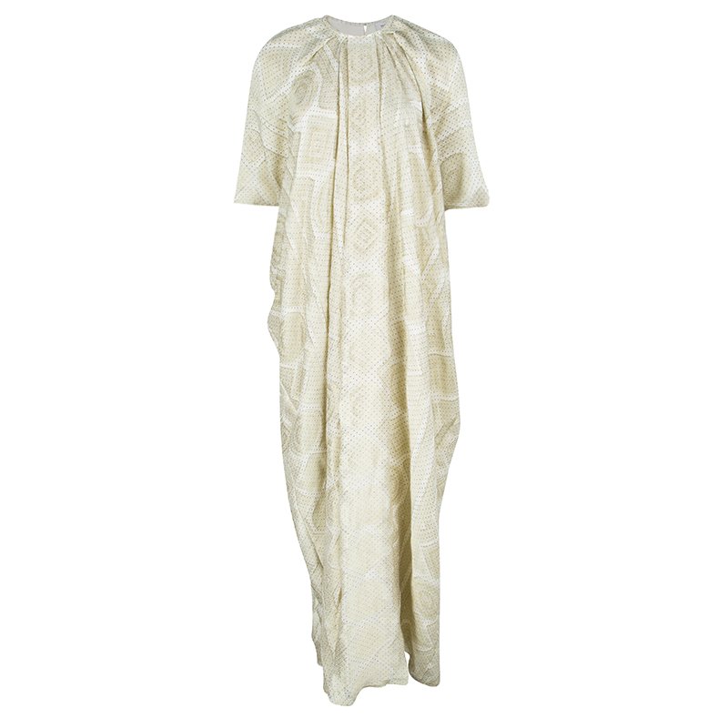 Pre Owned Yves Saint Laurent Gold Silk Jacquard Dotted Maxi Dress M