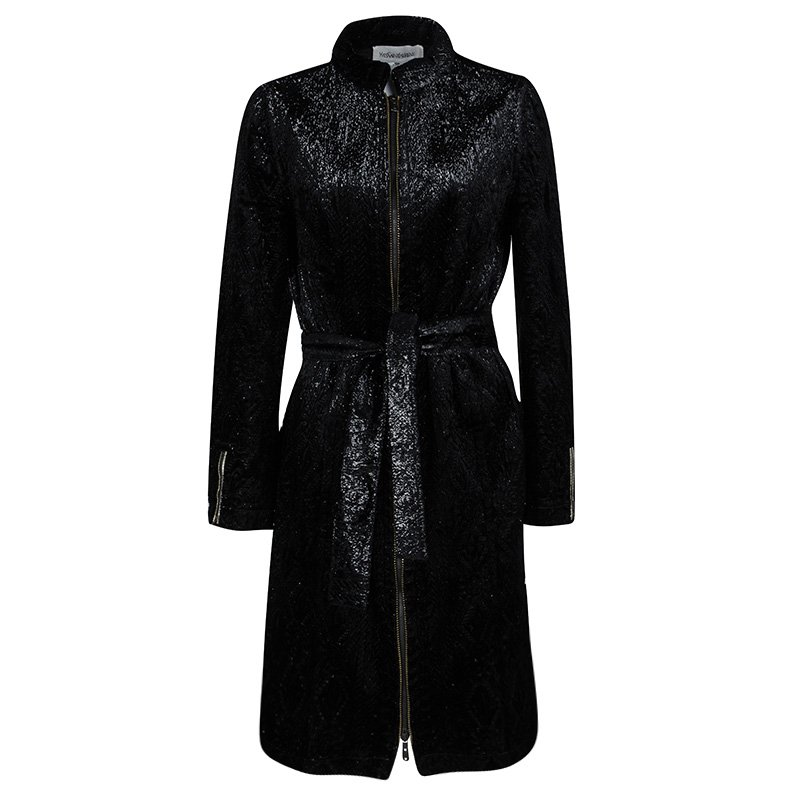 Pre Owned Yves Saint Laurent Shiny Black Quilted Velvet Belted Long Coat M