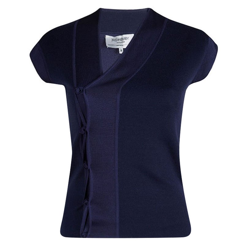 Yves Saint Laurent Navy Blue Knit Asymmetric Cap Sleeve Cardigan M