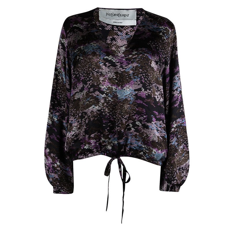 Pre Owned Yves Saint Laurent Multicolor Printed Silk Long Sleeve Tie Detail Top L