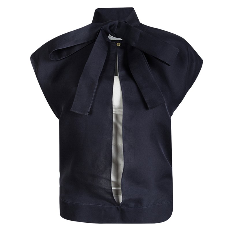 Pre Owned Yves Saint Laurent Navy Blue Silk Tie Detail Open Front Top M