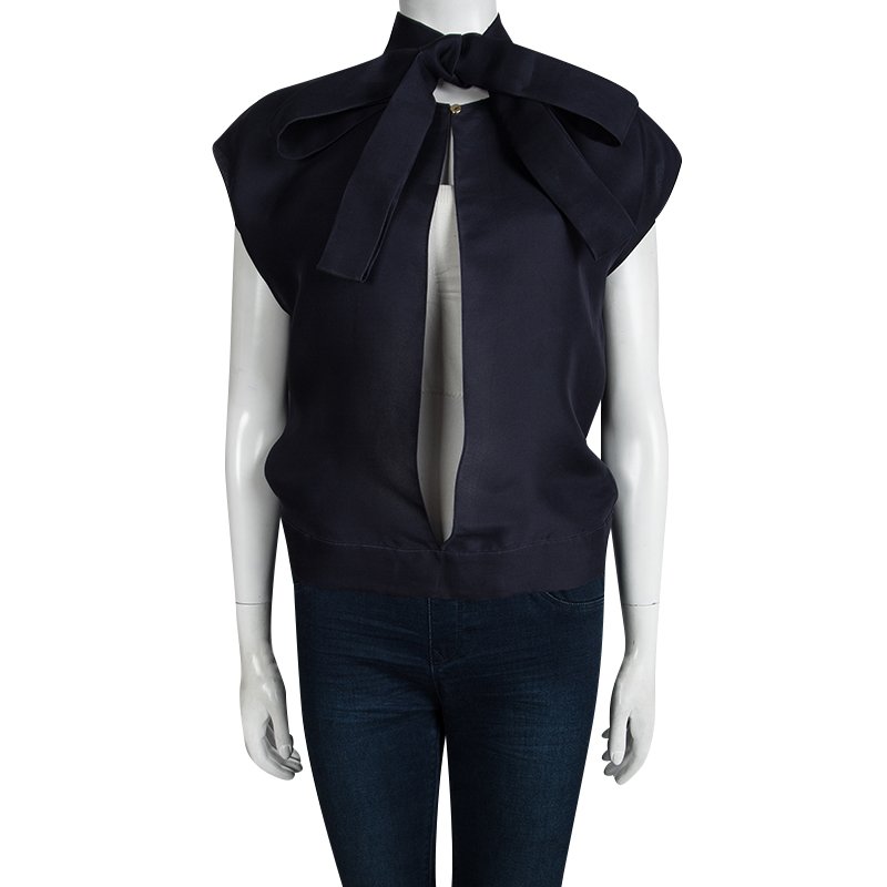Pre Owned Yves Saint Laurent Navy Blue Silk Tie Detail Open Front Top M