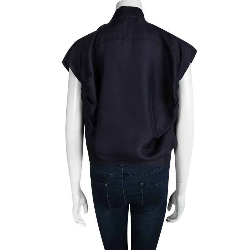 Pre Owned Yves Saint Laurent Navy Blue Silk Tie Detail Open Front Top M