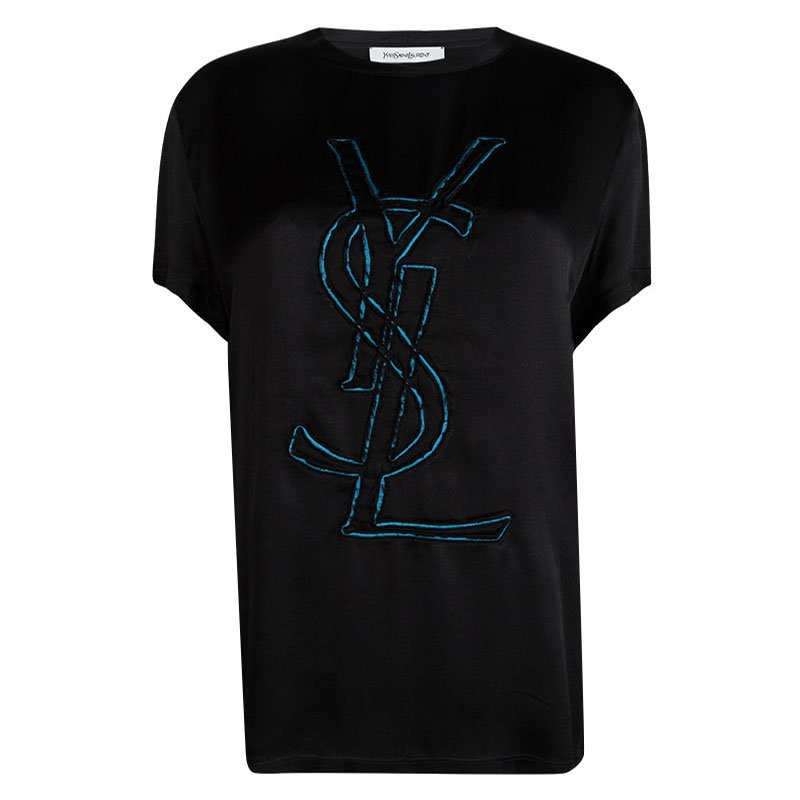 Pre Owned Yves Saint Laurent Black Silk Monogram Detail Short Sleeve Top M