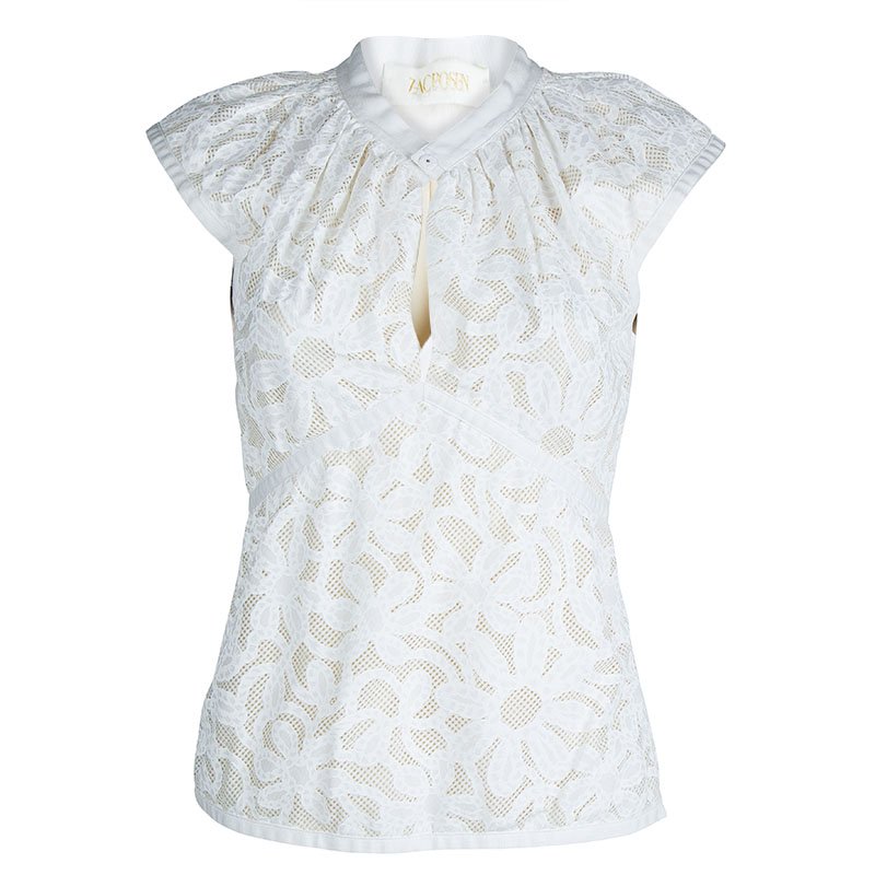 Zac Posen White Floral Print Cap Sleeve Top M