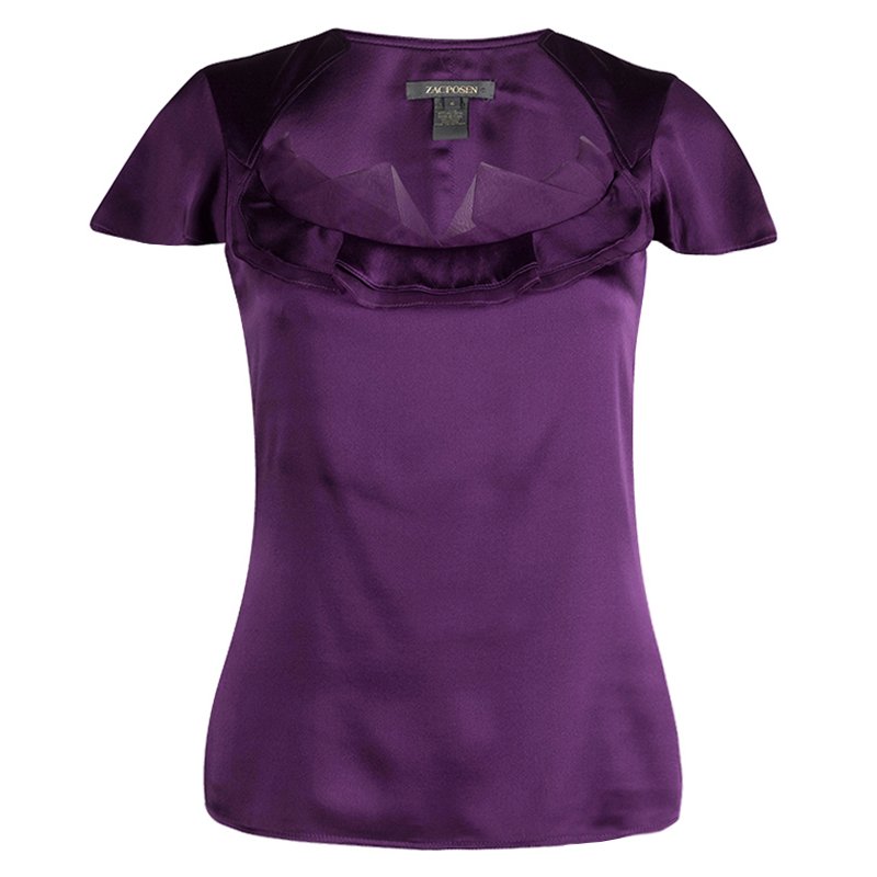 مملوكة مسبقًا توب زاك بوزن حرير بنفسجي بكشكشة مزينة أكمام قصيرة M