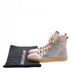 Pre Owned Le Silla Metallic Beige Crystal Embellished Leather High Top Sneakers Size 37