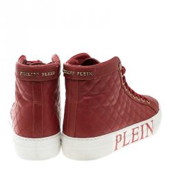 Pre Owned Philipp Plein Red Quilted Leather High Top Sneakers Size 38