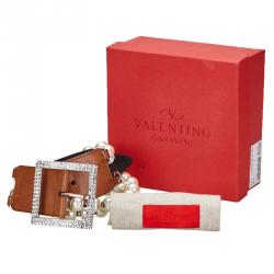 Pre Owned Valentino Brown Leather and Faux Pearl Belt 75CM