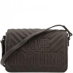 Love Moschino Grey Quilted Leather Logo Shoulder Bag